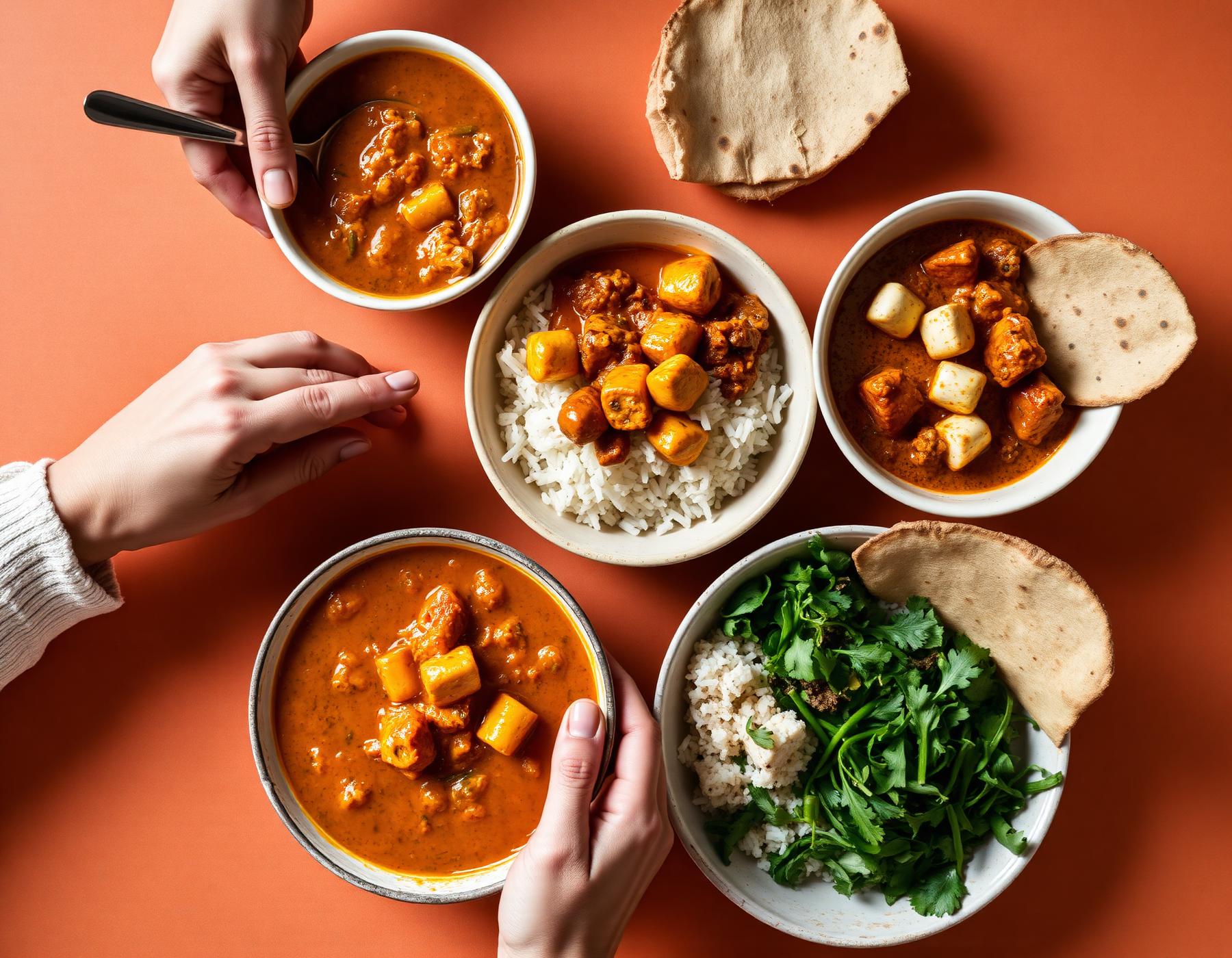 A shared table of Indian vegetarian dishes at Govinda's